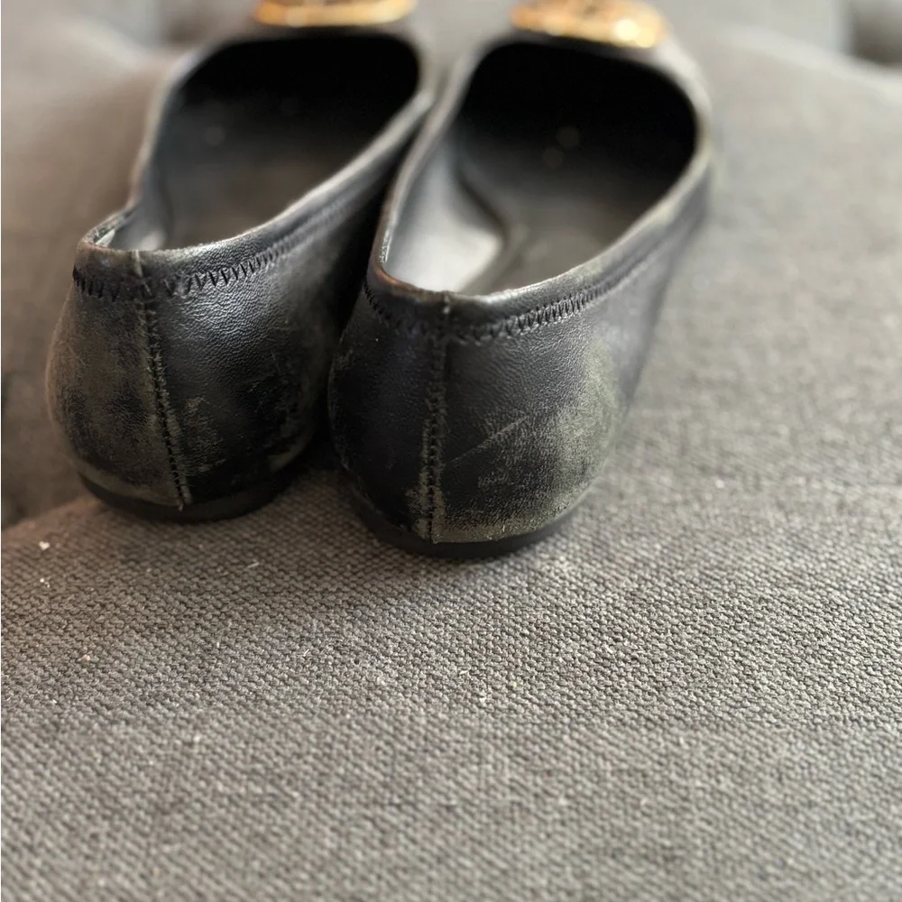 Tory Burch Black Leather Logo Cap-Toe Flats with Gold Emblem